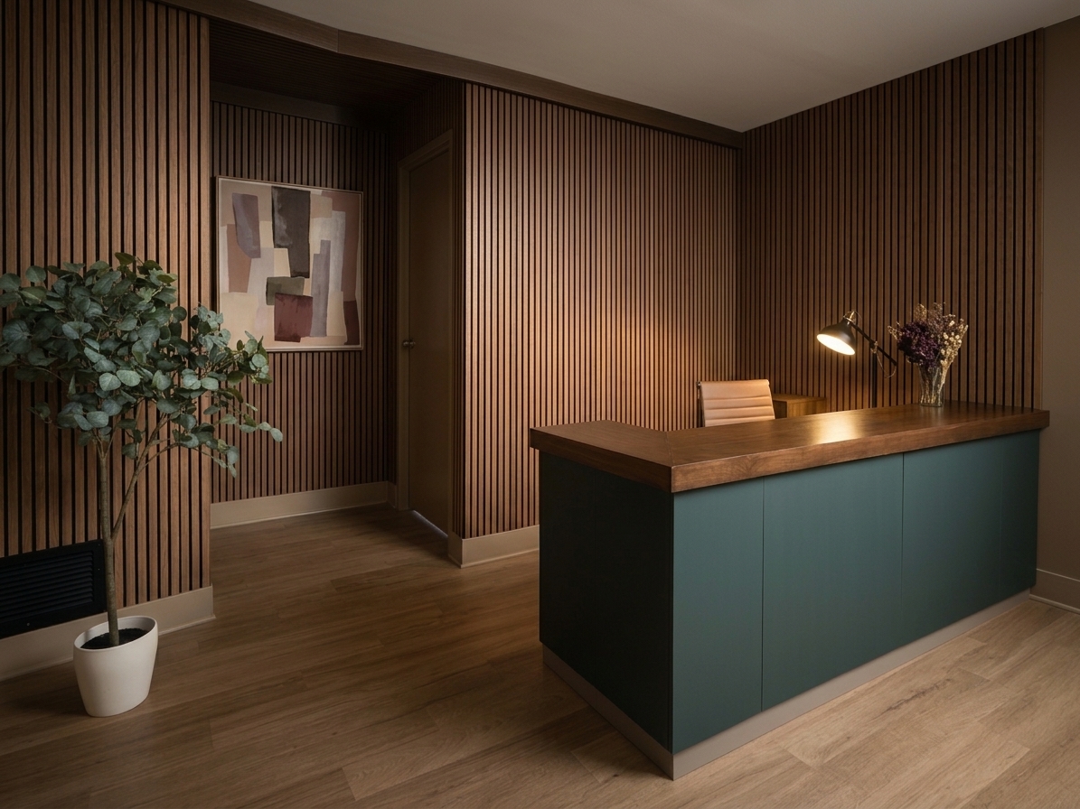 The DEXAlab reception desk, walnut slat walls and a deep green counter