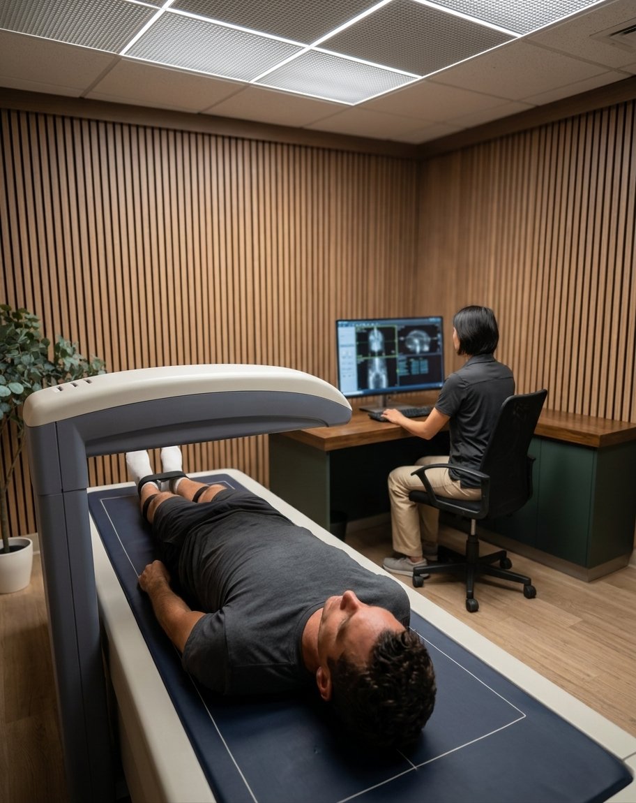A client lying on the scan table while a technician reads the results at the desk alongside